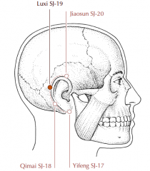 Posterior to the ear, in a small depression two thirds of the distance along a curved line drawn from SJ-17 to SJ-20 following the line of the rim of the ear.