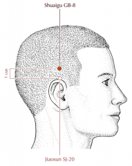 In the temporal region, in a slight depression 1 cun directly above the apex of the ear.