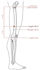 On the lateral aspect of the thigh, directly below the greater trochanter, 7 cun superior to the popliteal crease.