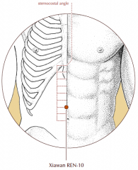 On the midline of the abdomen, 2 cun above the umbilicus and 6 cun below the sternocostal angle.