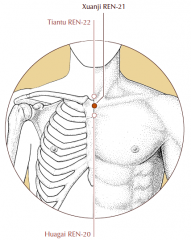 On the midline of the manubrium of the sternum, midway between Ren-20 and Ren-22.