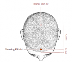 At the top of the head on the midline, 0.5 cun posterior to the anterior hairline and 0.5 cun anterior to Du-23.
