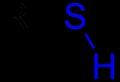 contains sulfur. Can give up H to form disulfide bridge (S-S)