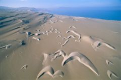 sand dune in the shape of a crescent made by wind action in one direction