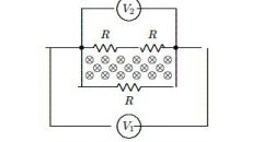 

 A changing magnetic field pierces the interior of a circuit containing three identical resistors.
Two voltmeters are connected to the same points, as shown. V1 reads 1 mV. V2 reads: