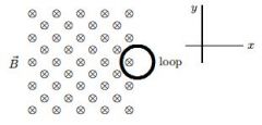 

A circular loop of wire is positioned half in and half out of a square region of constant uniform
magnetic field directed into the page, as shown. To induce a clockwise current in this loop: