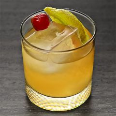 Rocks

In shaker
2 oz whiskey
¾ oz lemon juice
¾ oz syrup
Ice, shake, strain over rocks
Cherry and orange (or lemon)