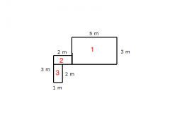 A1=bh 
A1=(5 m)(3 m) 
A1= 15 m²
A2=bh 
A2= (2 m)(1 m) 
A2= 2 m²
A3=bh 
A3= (2 m)(1 m) 
A3= 2 m²
A=A1+A2+A3
A= 15m² + 2 m² + 2 m²
A=19 m²