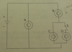 When switch S is open, which bulbs are connected parallel with each other