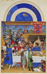 Commissioned by Duke of Berry in 1413-1416. The January page was almost like Ghent altarpiece since the duke is hosting a celebration. This is very detailed and sometimes referred to as miniatures . This is painted on animal skin
