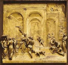 relief painting where he employs linear perspective to create illusion of distance. Also used sculptural perspective- forms in distance are less distinct . Done is gilded bronze and is located in Duomo, Florence