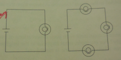 In the two circuits below, the batteries and all bulbs are identical. Compare the current flowign in the circuit on the left to the current flowing in the circuit on the right. Be as quantitative as possible