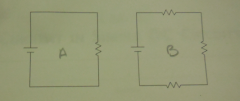 Compare the current flowing in the circuit to the left to the current flowing in the circuit on the right. Is your answer the same as with bulbs? 