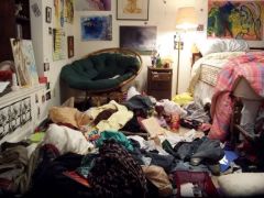 Definition: Items hanging loosely and placed disorderly everywhere.

Synonyms: Bedraggled, Disarrayed
Antonyms: Orderly, Organized