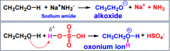 In strong base (Na+NH2-) it acts as a acid, donating a proton forms alkoxide.

In strong acid (H2SO4) it acts as a base and receives a proton forms oxonium ion.