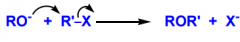 1. Form alkoxide (addition of strong base Na+NH2-).
2. React alkoxide with alkyl halide. 
3. ether forms + halogen ion.