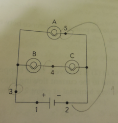 For each of the questions A-E below, a wire is connected from the battery terminal at point 1 to point 4

What happens to the brightness of each of the three bulbs?