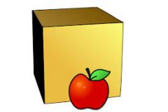 The apple is in front of the box