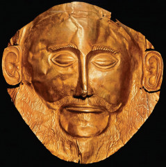 Funerary mask, from Grave Circle A,
Mycenae, Greece,
ca. 1600–1500 bce.
Beaten gold, 1 high.
National Archaeological
Museum, Athens