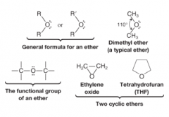 General Formula R-O-R', where R' is a different alkyl (or phenyl) group than R
Can be thought of as water in which both H atoms have been replaced by alkyl groups
Bond angle at O is slightly larger than water