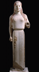 Peplos Kore, from the Acropolis, Athens, Greece, ca. 530 bce.
Marble, 4 high. Acropolis Museum, Athens