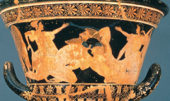 Euphronios, Herakles wrestling
Antaios (detail of an Athenian red-figure
calyx krater), from Cerveteri, Italy, ca. 510 bce.
Whole vessel 1 7 high; detail 73–4  high.
Louvre, Paris.