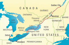 North eastern border with canada connects Great Lakes to the Atlantic Ocean