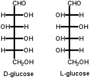 - 6 Carbon (C6H12O6) linear structure
- D- and L- are optical stereoisomers
- All life uses D-Glucose