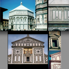 the ornamentation comes from a classical realm rather than a gothic realm

comprised of simple geometric shapes, squares, circles, rectangles etc.
white marble and a greenish gray marble, came from the hills surrounding Florence
	
freestandin...