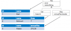 - Eine Tabelle pro Klasse mit jeweils der vollständigen Menge an Attribute
@Inheritance(strategy=TABLE_PER_CLASS)