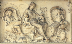 -Imperial Rome, Roman empire
-celebrates the establishment of peace
-east facade of the Ara Pacis is a female personification with two babies on her lap epitomizes the fruits of the Pax (Peace) Augusta.
-clearly inspired to some degree by the P...