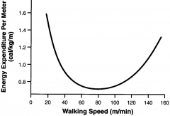 1. Energy expenditure during walking is lowest at 80 m/min (approximately 1.3 m/s or 3 mi/h), which is normal walking speed
2.  This implies that normal walking speed is very efficient, whereas walking faster or slower than normal walking speed d...