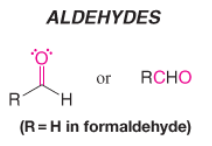 Contains carbonyl group bonded to one H and one C
Except for formaldehyde which is the only aldehyde with 2 H's
Trigonal planar arrangement of groups around the carbonyl carbon atom