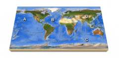On the map, identify which letter is over the Atlantic ocean.