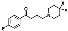 - 4-fluorofenyl
- 1-butanonkedja
- 4-substituerad piperidinring