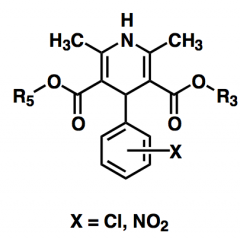 1,4-Dihydropyridinderivat med kalcium-
antagonistisk verkan 
- Ester/ester
bioisosterer i position 3 och 5 och
nästan undantagslöst en substituerad
fenyl bunden i 4-position.
Substituenterna på fenylen är vanligtvis
elektrondragande...