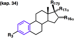 - steroidskelett med aromatisk A-ring
- R3, R17beta är ofta OH