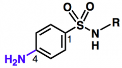 - Primär aromatisk aminogrupp i position 4
- Inga substituenter är tillåtna i aromaten
- N måste binda H
- R = elektrondragande grupper gör NH mer surt --> förstärkt effekt