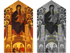 Cimabue was one of the first Artist's to break from the Italo-Byzantine style in the 14th century. Although he relied on it on his models. He depicted the Madonna's massive throne as a receding into space.

He challenged the new naturalism, close ...