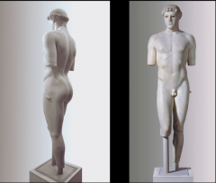 Kritios Boy  - Classical Greek  - c. 480 B.C.E.


 


Content


-young man, no specifics 


 


Style 


-realism


-white marble


-2ft 10in tall 


-not stiff, frontal, rigid pose 


-contrapposto pose


-more movemen...