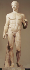 34. Doryphoros (Spear Bearer) -Polykleitos - Original 450–440 B.C.E.


 


Content


-was holding a wooden spear 


-classical greece


 


Style 


-realistic depiction of humans 


-relaxed stance (contraposto) 


-still h...