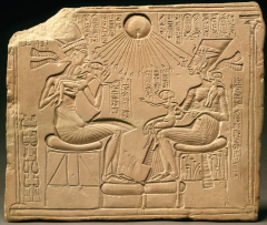 Akhenaton, Nefertiti, and three daughters,
from Amarna, Egypt, 18th Dynasty, ca. 1353–1335
bce. Limestone, 1 1–4  high. Ägyptisches Museum,
Berlin.