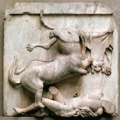 Lapith versus centaur, metope from the south side of the
Parthenon, Acropolis, Athens, Greece, ca. 447–438 bce.Marble,
4 8 high. British Museum, London