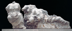 - east pediment depicted the birth of
the goddess from the brow of Zeus
-On Athena's birthday the sun shines on her birth sculpture and statue in the temple

-west pediment is a battle between Athena and Poseidon for the city