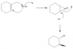 1.	 Produces a trans-dibromide
2.	The mechanism involves a bromonium ion.