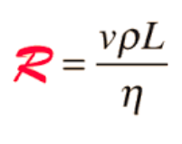 Re < 1 laminar flow (η, viscosity, greater)
Re > 1 turbulent flow (velocity greater)