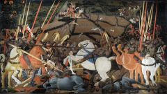 Invented by Brunelleschi in 1413; use a vanishing point to create perspective; created by combining orthogonal (vertical) and transversal (horizontal) lines which recede into background at the vanishing point.

Example: "Battle of San Romano" by...