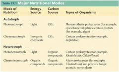 photoautotrophs- photosynthesis
photoheterotrophs- only prokaryotes
chemoautotrophs- only prokaryotes
chemoheterotrophs- us