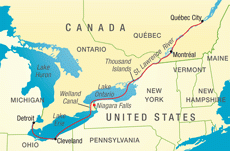 Northeastern border with Canada, connects the Great Lakes to the Atlantic Ocean.