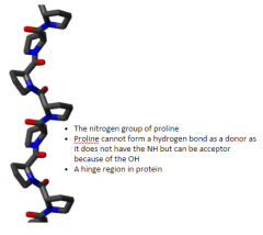 put a bunch of Pro together to form a helix 


 


Pro doesn't have protons, thus Pro cannot  


form H-bond 


 


it has carboxyl group which acts as a proton  


acceptor BUT not a proton donor 


 


thus Pro can't be...